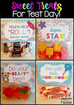 some candy bags with candies in them and the words sweet treats for test day