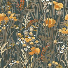 an image of flowers and grass on a dark background with oranges, yellows, and browns