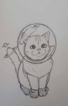 a pencil drawing of a cat wearing an astronaut's suit and holding a space shuttle