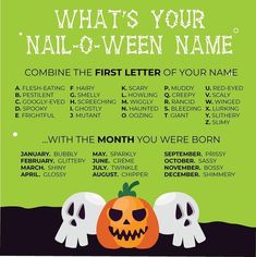 a halloween party flyer with two ghost hands and a pumpkin on the front, which reads what's your nail - o - ween name