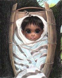 a painting of a baby wrapped in a blanket sitting in a basket next to a tree