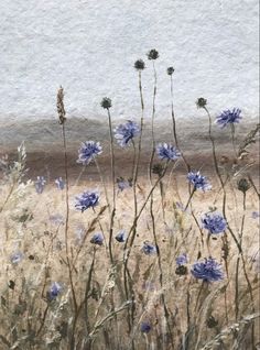 a painting of blue flowers in a field