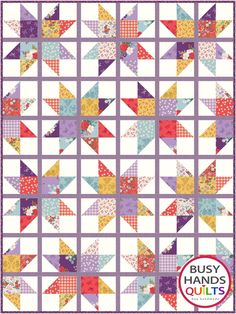 the busy hands quilts pattern is shown in purple, yellow and orange colors with an arrow