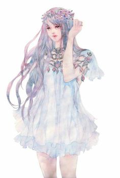 a watercolor drawing of a girl with long hair wearing a blue dress and holding her hand up to her face