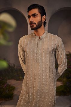 Grey full sleeves straight kurta in silk base with all over silver accent vine garden embroidery. Paired with a straight pant. - Aza Fashions Vine Garden, Vine Embroidery, Grey Embroidery, Garden Embroidery, Straight Kurta, Gray Silk, Kurta With Pants, Full Sleeves, Pants Pattern