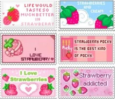 some type of stamps with different designs and words on them, including strawberries, strawberrys, i love strawberry - shaped ice cream