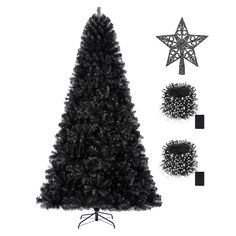 a black christmas tree with three ornaments around it