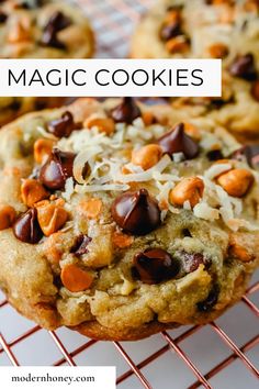 chocolate chip cookies on a cooling rack with text overlay that reads, magic cookies