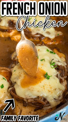 the french onion chicken recipe is being spooned with gravy