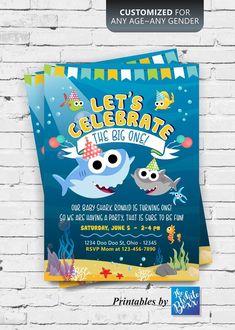 an ocean themed birthday party with a shark and fish theme on the front, blue background