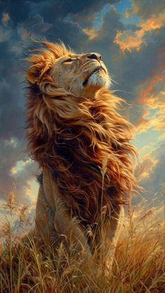 a painting of a lion sitting in the grass with its eyes closed and it's hair blowing in the wind