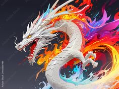 a white dragon with multicolored flames on it's body