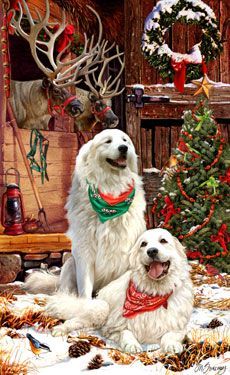 two white dogs sitting next to each other in front of a christmas tree and reindeer