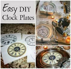 four different pictures with clocks on them and the words, easy diy clock plates