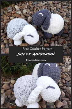 two crocheted sheep laying on top of rocks