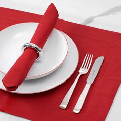 Simple elegance by Eri Textiles. The “Rouge” table linen is made by hand from 100 % pure linen . Combine the vibrant red napkins and place mats with fine china and polished silverware for a timelessly elegant festive table. #eritextiles #artedona Red Napkins, Cotton Tablecloths, Cotton Napkins, Red Crystals