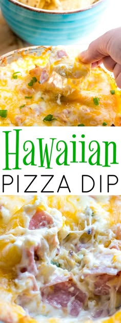 this hawaiian pizza dip is loaded with ham, cheese and other toppings for an easy appetizer