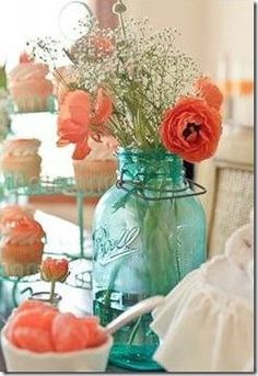 there is a collage of pictures with flowers in vases and cakes on the table