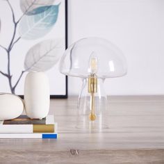 the table is covered with books and glass objects