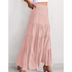 Pink Bohemia Pleated High Waist Maxi Skirt Non-stretch Long Pink Skirt, Beach Tiered Maxi Skirt In Solid Color, Beach Maxi Tiered Skirt In Solid Color, Beach Tiered Skirt Bottoms In Solid Color, High Waist Maxi Skirt For Spring Vacation, Spring High Waist Maxi Skirt In Solid Color, Spring High Waist Solid Maxi Skirt, Spring High Waist Solid Color Maxi Skirt, High Waist Pink Maxi Skirt For Spring