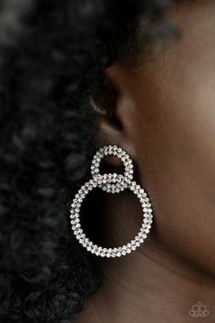 Rows of sparkly white rhinestones encircle into two interconnected hoops, creating a jaw-dropping lure. Earring attaches to a standard post fitting. Paparazzi Jewelry Images, Orange Earrings, Life Of The Party, Party Earrings, Fish Hook Earrings, Paparazzi Accessories, White Rhinestone, Black Earrings, Rhinestone Bracelet