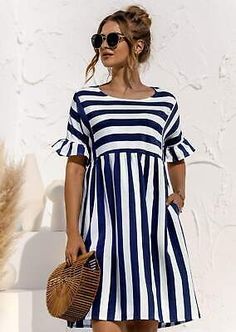 Great Shopping Striped Ruffle Tunic Baby Doll Dress, women's dresses Ruffles Sleeves, Robes Glamour, Ruffles Fashion, Ruffle Sleeve Dress, Body Con Dress, Striped Sleeve, Sweet Dress, Loose Dress, Elegant Dress