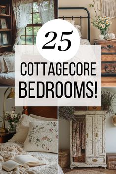 collage of cottage bedroom furniture with text overlay that reads 25 cottage bed rooms