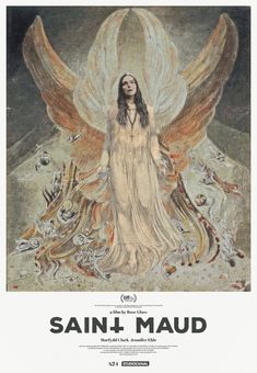 the poster for saint maud shows an angel standing in front of a large body of water