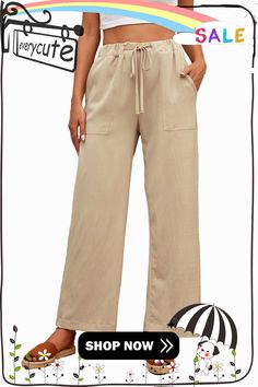 Khaki Drawstring Waist Crinkled Wide Leg Pants Tie Waist Pants, Solid Color Pants, Laid Back Style, Bottoms Pants, Drawstring Waist, Leg Pants, Wide Leg Pants, Wide Leg, Pants