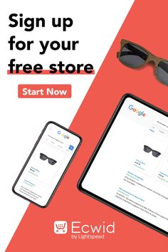 a tablet, sunglasses and cell phone sitting on top of a red background with the text sign up for your free store start now