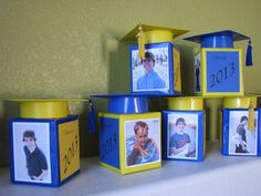 blue and yellow graduation decorations with pictures on them