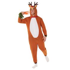 a man in a reindeer costume holding carrots