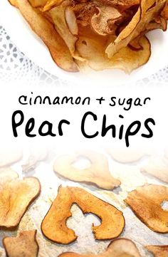 cinnamon and sugar pear chips on a white plate with the title in black text overlay