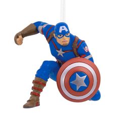 a captain america ornament hanging from a string