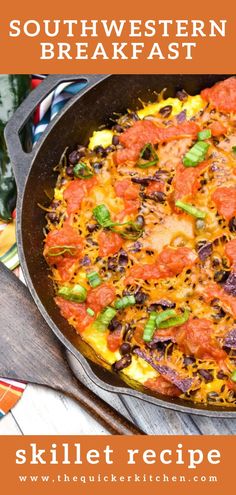 the skillet is filled with southwestern breakfast food and has an orange sauce on top