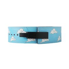 a blue belt with clouds on it and a black metal buckle in the center,