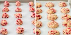 two pictures showing the process of making cookies with cranberry fillings and white chocolate chips