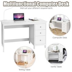 there are three different types of computer desks in this photo, including one with a laptop and the other without