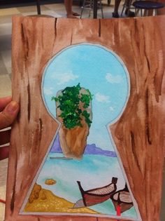 a painting of a tree in the shape of a keyhole with a boat on it