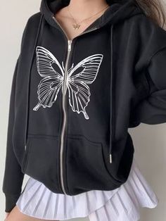 Vintage Butterfly Print Zip Up Oversized Hoodie Spring Letter Print Hoodie Outerwear, Oversized Sweatshirt With Drawstring Hood For Spring, Spring Letter Print Hoodie, Spring Oversized Long Sleeve Hoodie, Oversized Black Spring Hoodie, Oversized Casual Hoodie For Spring, Black Oversized Hoodie For Spring, Casual Hooded Sweatshirt For Spring, Casual Hooded Spring Sweatshirt