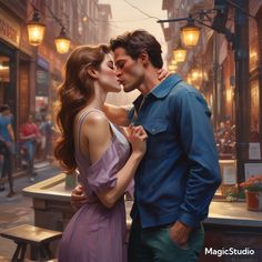 a painting of a couple kissing on the street