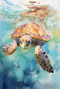 a painting of a turtle swimming in the ocean