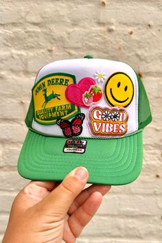 Bohemian Snapback Trucker Hat For Summer, Summer Festival Trucker Snapback Hat, Casual Green Trucker Hat With Logo Patch, Green Snapback Trucker Hat, Fun Style, Green Snapback Trucker Hat With Logo Patch, Hat With Patches, Boho Shops, Custom Trucker Hats, Stationary Shop