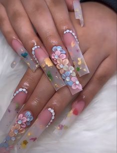 Long Acrylic Spring Nails, Mexican Nails Designs Flowers, Long Acrylic Nails With 3d Flowers, Spring Long Nails, Long French Tip Nails With 3d Flowers, Pink Mexican Nails, Medium Acrylic Nails Coffin 3d Flowers, Spring Nails Long, Long Acrylic Nails 3d Flower French Tip