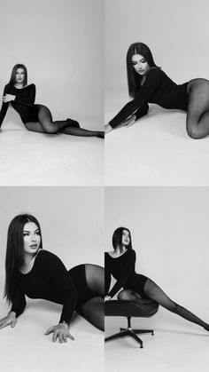 the woman is posing in black clothing and stockings on her knees, with one leg spread out