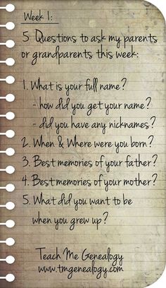 a poem written on a notebook with the words,'5 questions to ask my parents or grandparents this week '