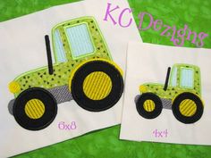 two pictures of tractors on white paper with green background