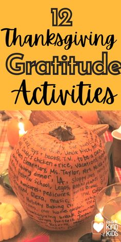 a pumpkin sitting on top of a table next to candles and other items with words written in it