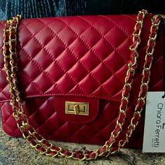 This Is A Chiara Ferretti Red Quilted Florence Bag Made In Italy. It Is A Crossbody/Shoulder Bag. Red Top Handle Flap Bag For Shopping, Luxury Red Rectangular Shoulder Bag, Luxury Red Flap Bag With Removable Pouch, Luxury Red Shoulder Bag With Removable Pouch, Luxury Red Shoulder Bag With Detachable Handle, Red Clutch Evening Bag With Detachable Handle, Chic Red Clutch Bag, Luxury Red Clutch Bag, Designer Red Flap Bag For Shopping