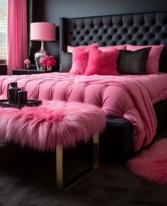 a bed with pink fur on it and pillows in the middle, next to a window